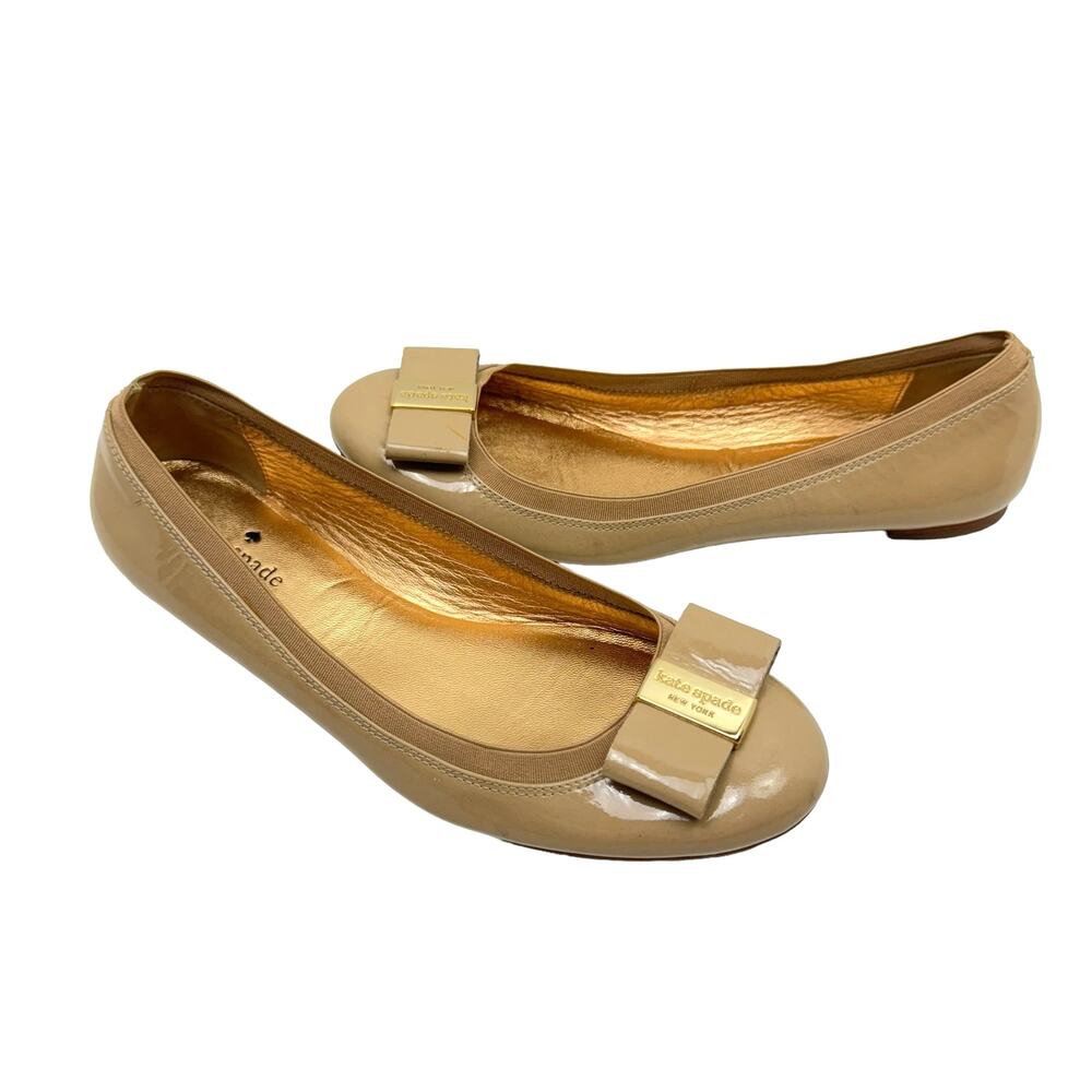 Kate Spade New York Neutral Tan Patent Leather Tock Bow Simple Ballet Flats